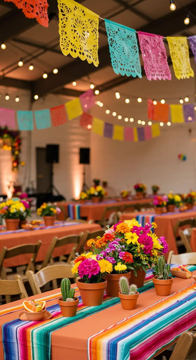 Mexicaans fiesta thema bruiloft met papel picado, kleurrijke bloemen en cactussen.