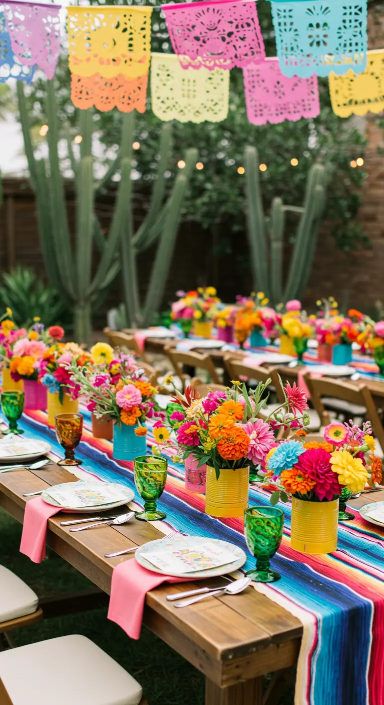 Kleurrijke Mexicaanse tafelsetting met gestreepte loper, felle bloemen en papel picado.