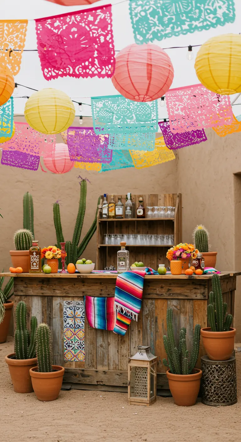 Mexicaanse themabar met papel picado, cactussen, kleurrijke bloemen en lampionnen.