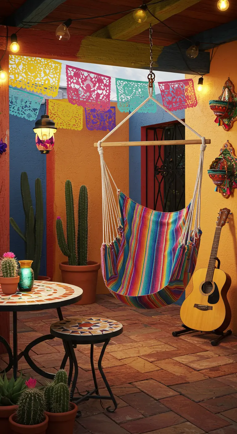 Kleurrijke gestreepte hangstoel op een Mexicaans-stijl patio met gekleurde muren en cactussen.