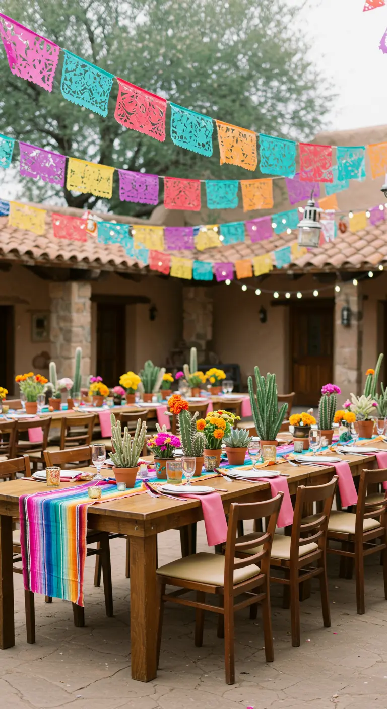 Kleurrijke Mexicaanse fiesta setting met papel picado, gestreepte lopers en cactussen.
