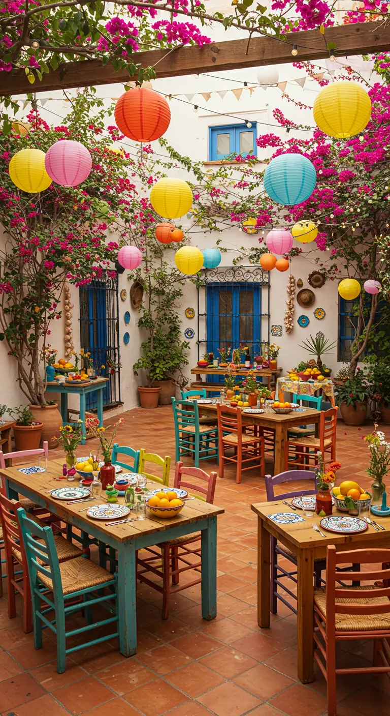 Spaanse patio met kleurrijke lampionnen, bloemen, en bontgekleurde stoelen en tafels.