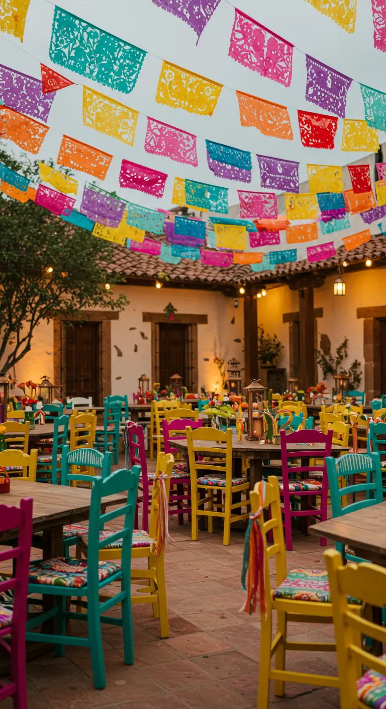 Kleurrijke stoelen op een Mexicaans themafeest, versierd met linten en papel picado erboven.
