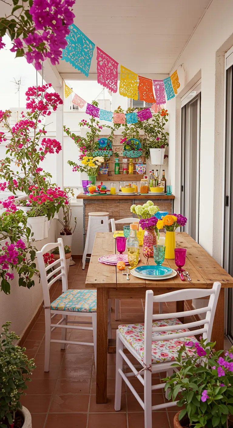 Kleurrijk balkon met eettafel, bougainvillea, papel picado slingers en vrolijk servies.