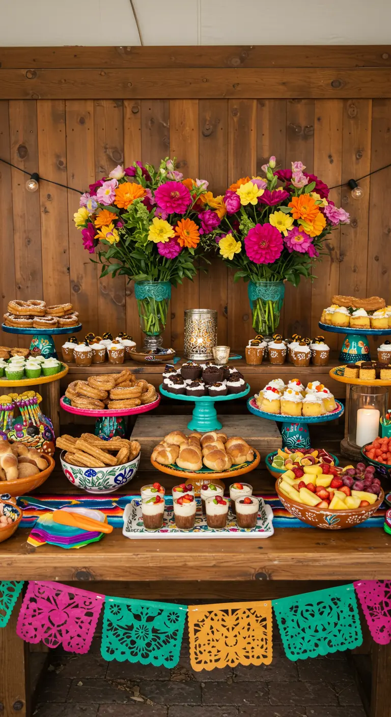 Mexicaanse fiesta desserttafel met felle kleuren, papel picado, bloemen en churros.