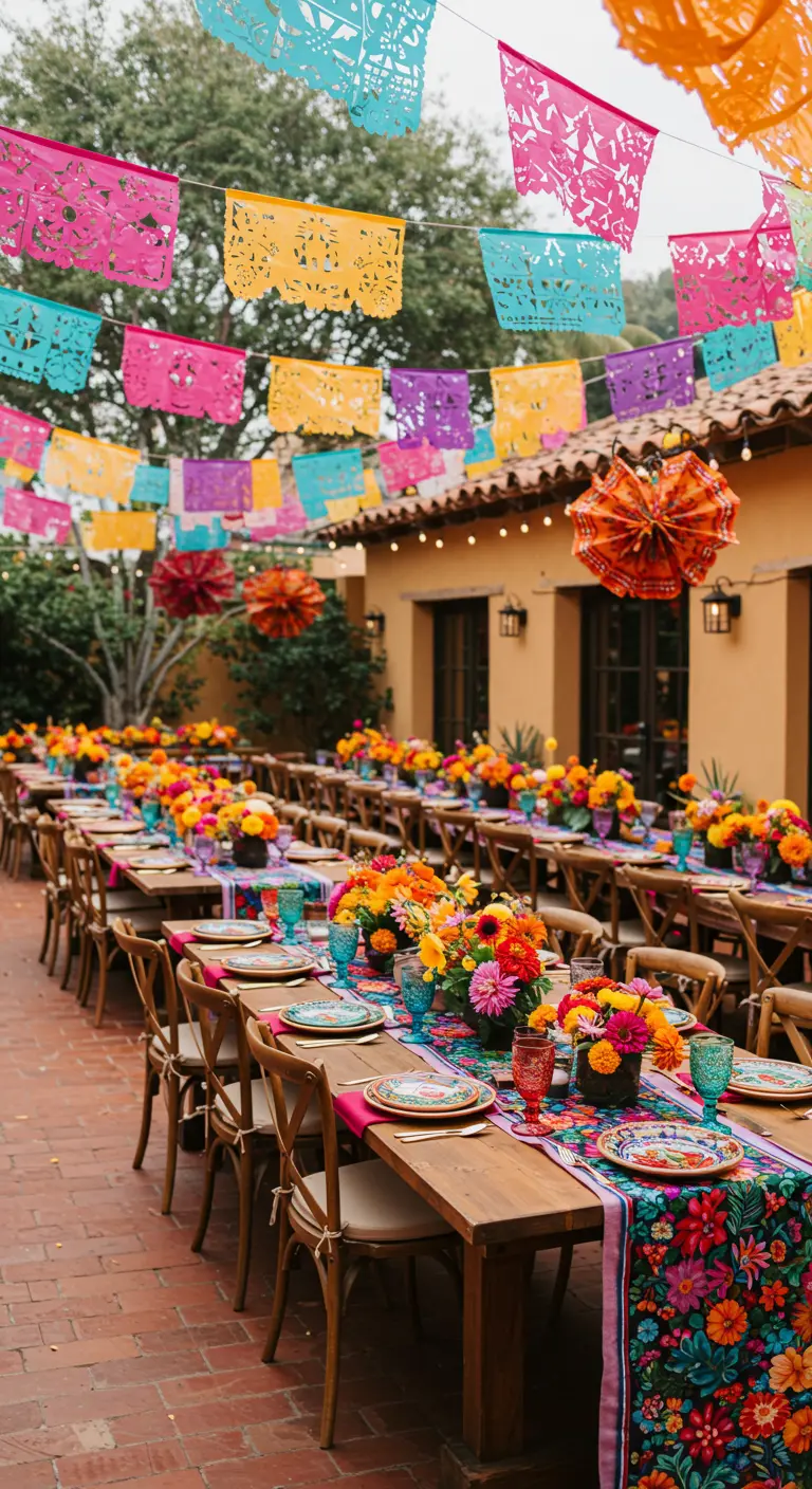 Mexicaanse fiesta bruiloft met papel picado, kleurrijke bloemen en tafelaankleding.