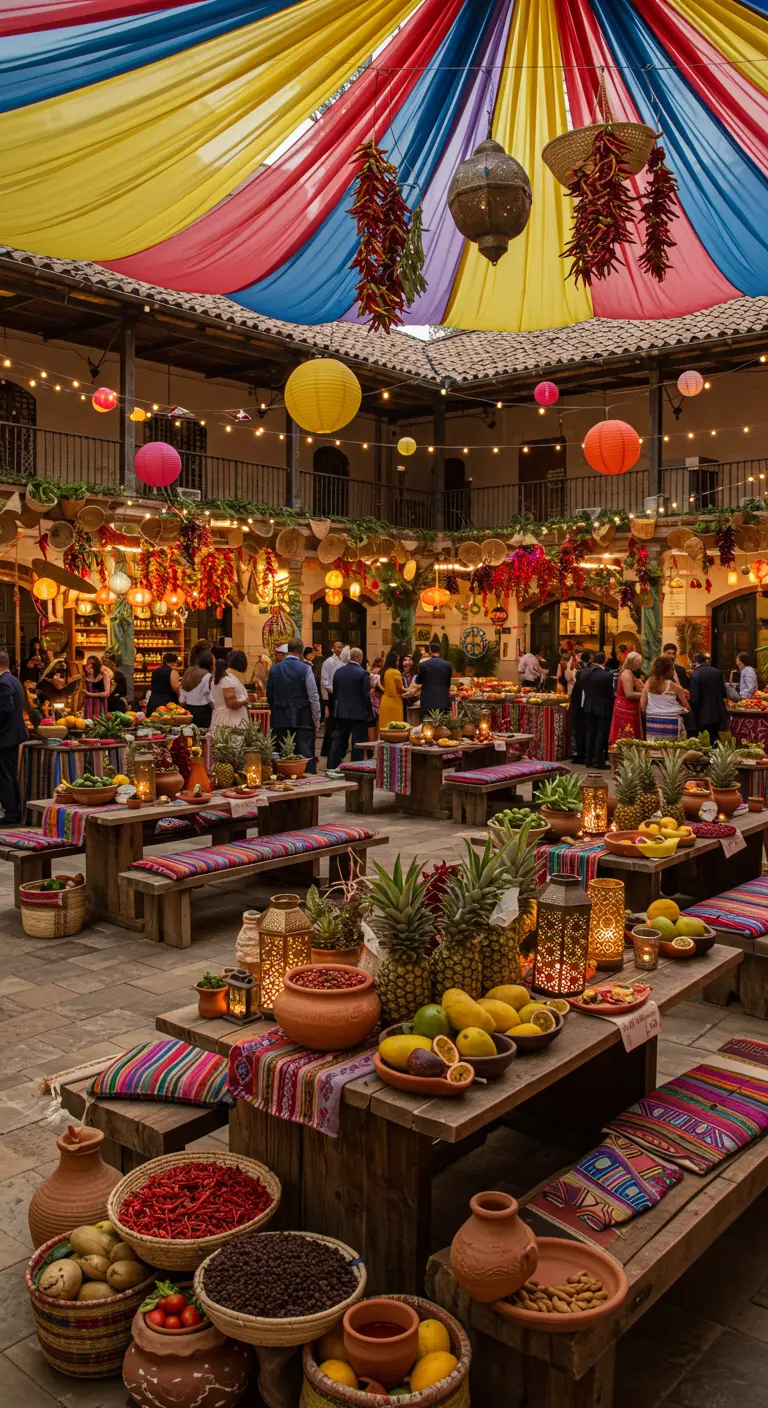 Binnenplaatsfeest met kleurrijke doeken erboven, lampionnen, houten tafels vol fruit en gasten.