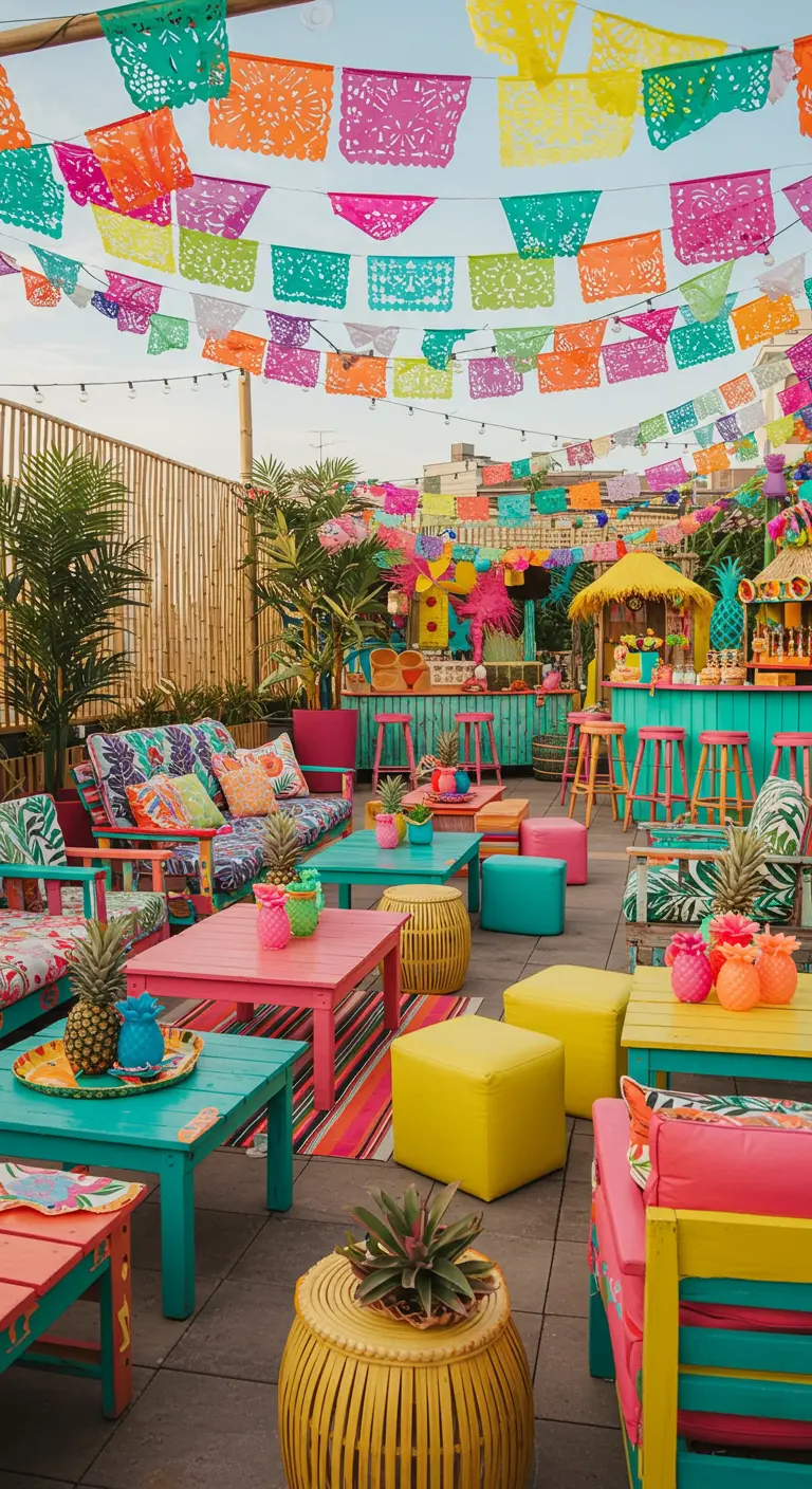 Dakterras in Mexicaanse fiesta-stijl met kleurrijke vlaggetjes en meubels.