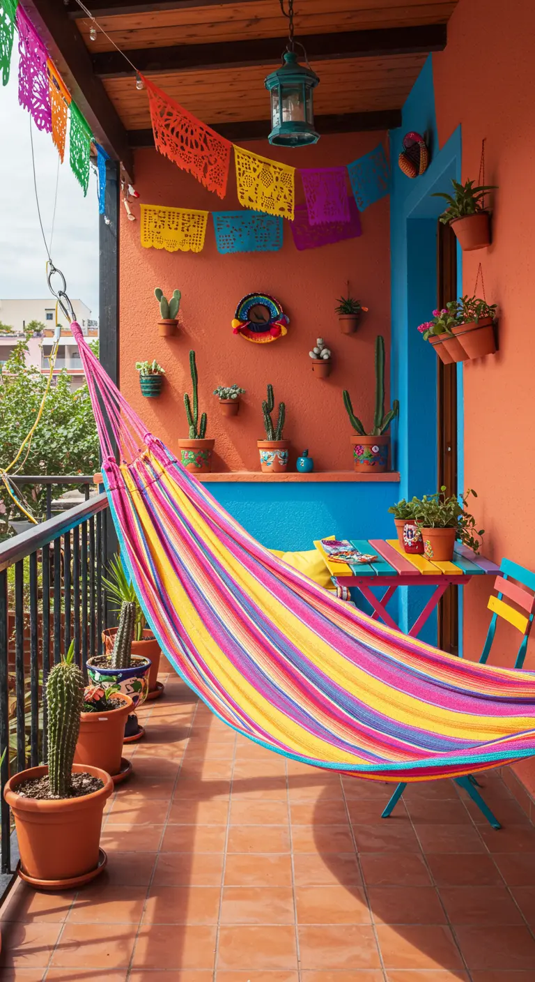 Kleurrijke gestreepte hangmat op een balkon met oranje muur en Mexicaanse decoraties.