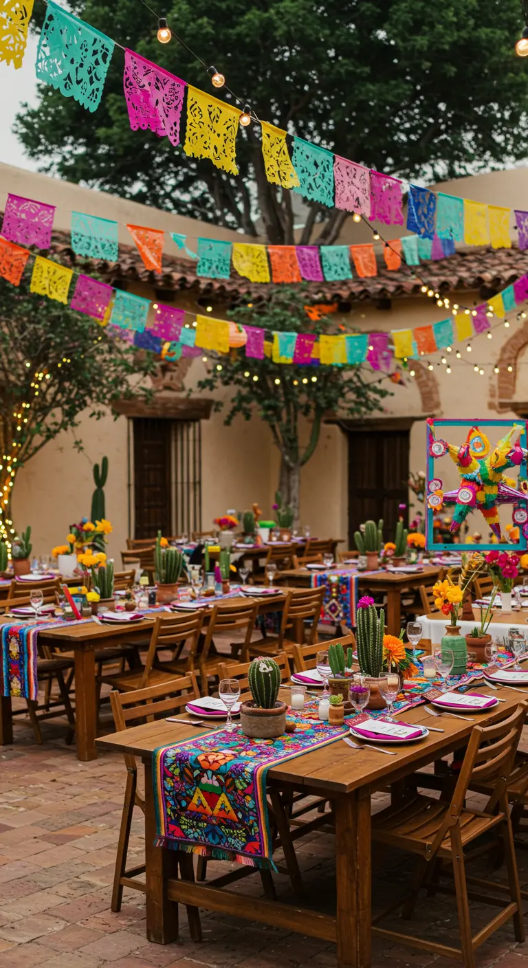 Mexicaans thema bruiloft met kleurrijke papel picado, cactussen en houten tafels.