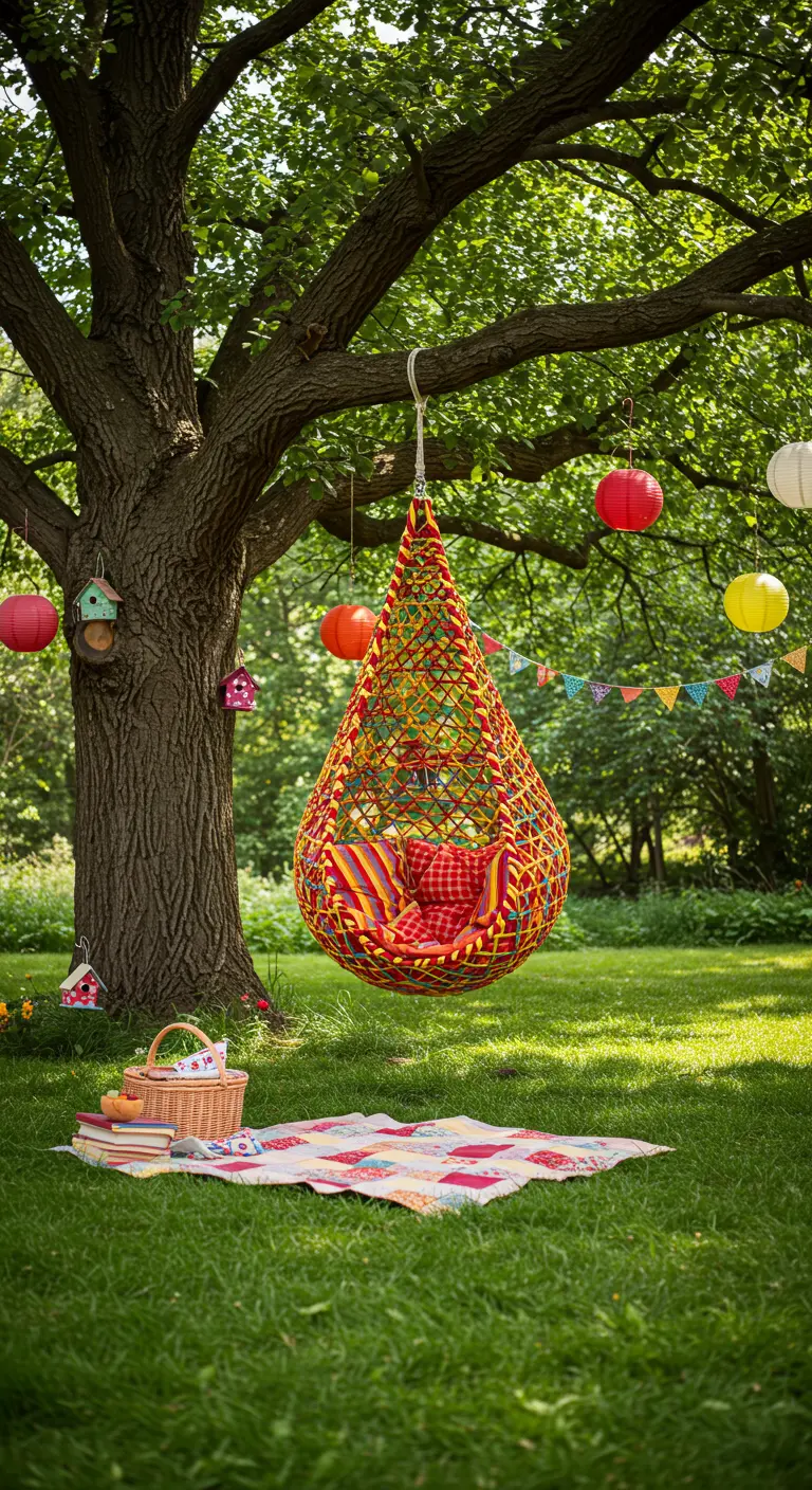 Felgekleurde hangstoel in boom met lampionnen en picknickkleed op gras.