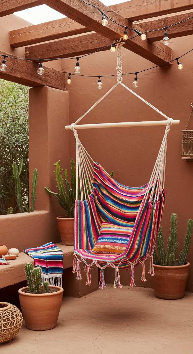 Gekleurde gestreepte hangstoel onder houten pergola met cactussen.