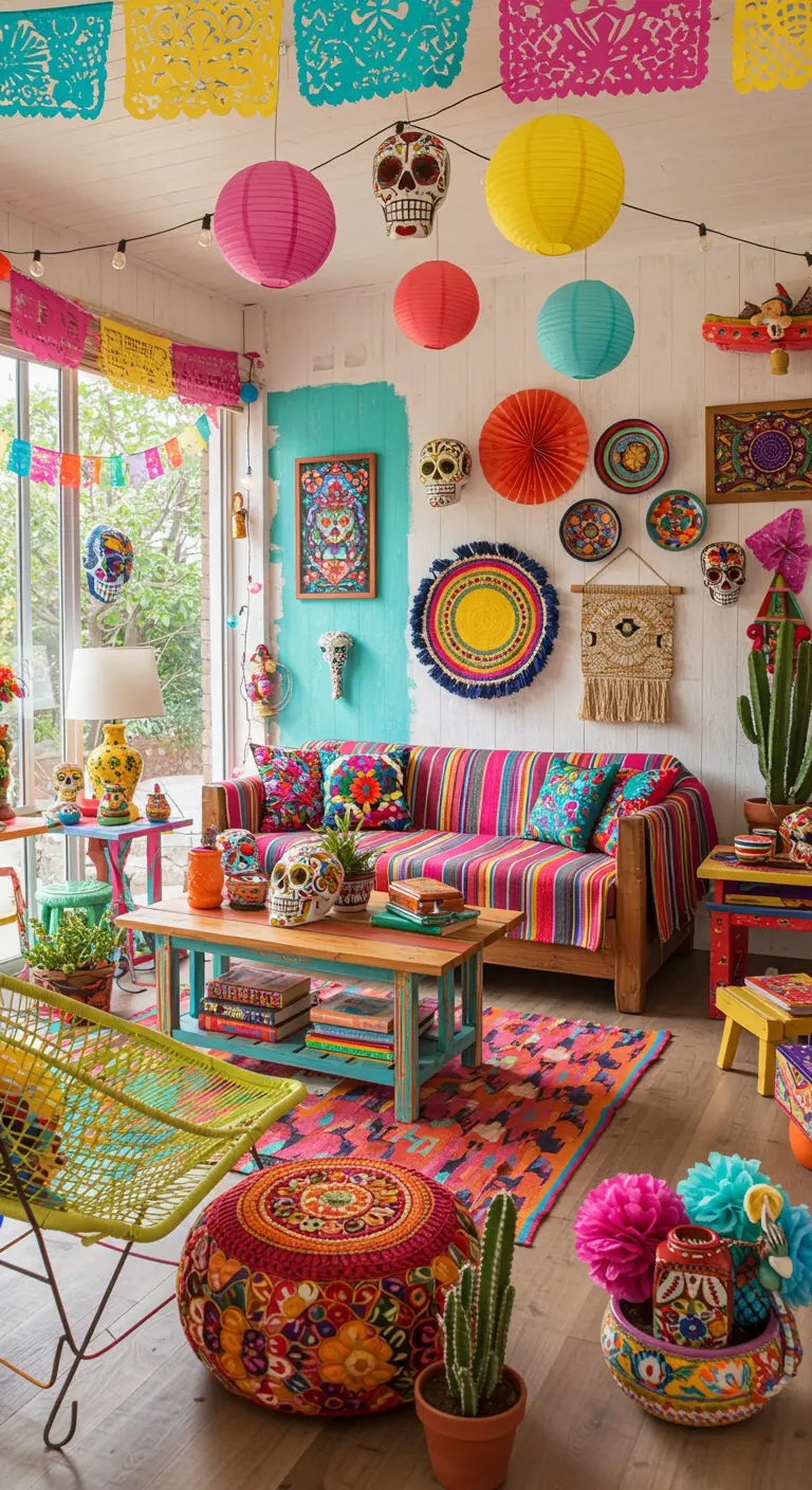 Felgekleurde boho woonkamer in Mexicaanse stijl met slingers, calaveras en cactussen.