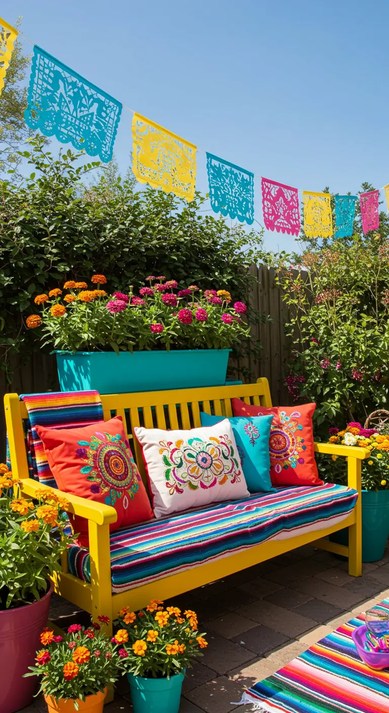 Geel geverfde tuinbank met kleurrijke Mexicaanse kussens en slingers.