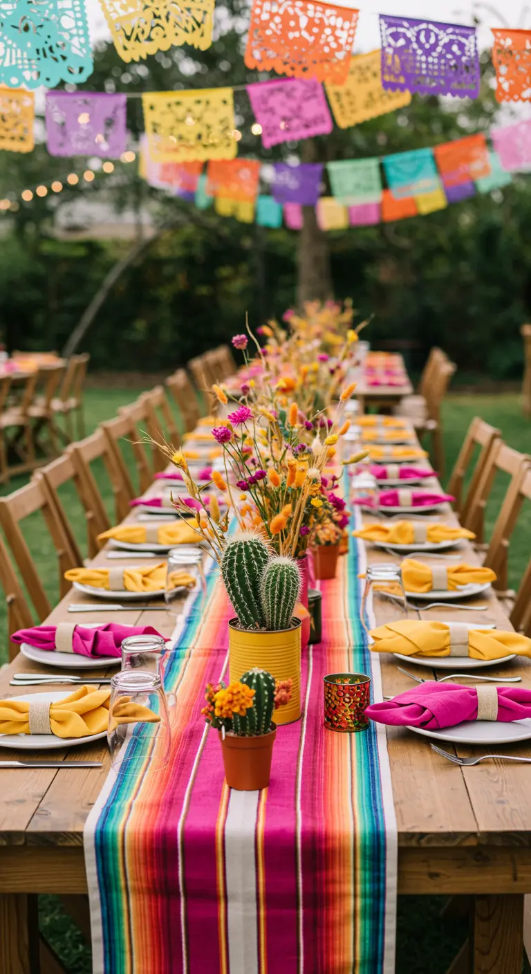 Kleurrijke bruiloftstafel met gestreepte loper, cactussen en droogbloemen.