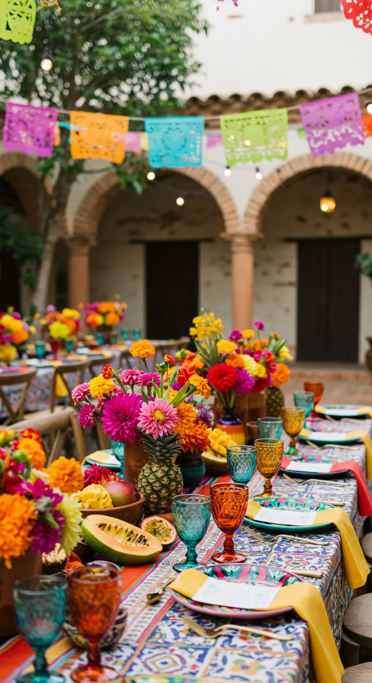 Kleurrijke fiesta tafel met bonte bloemen, tropisch fruit en Mexicaanse slingers.