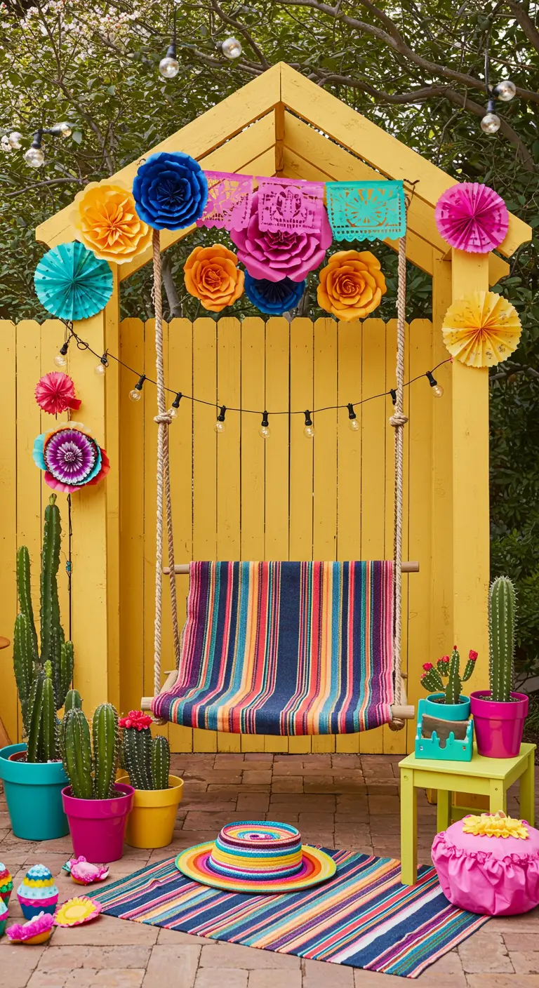 Schommelbank met kleurrijk doek onder een gele houten boog, versierd in Mexicaanse stijl.