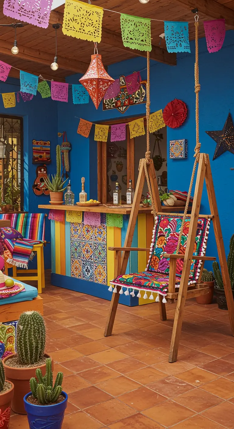 Kleurrijke Mexicaanse patio met blauwe muur, vlaggetjes en een houten schommelstoel met bloemenkussen.
