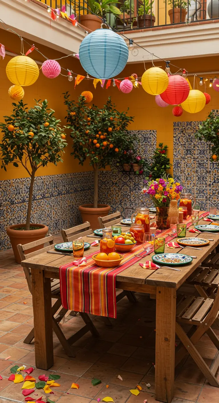 Feestelijk gedekte tafel op patio met lampionnen, sinaasappelbomen en fruit.