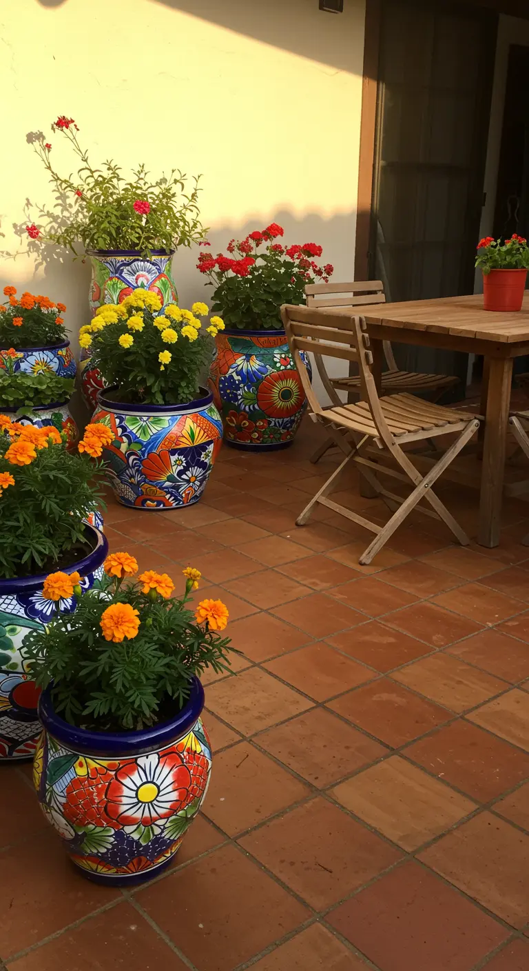 Terracotta tegelterras met kleurrijke, handgeschilderde Mexicaanse bloempotten gevuld met bloeiende bloemen.