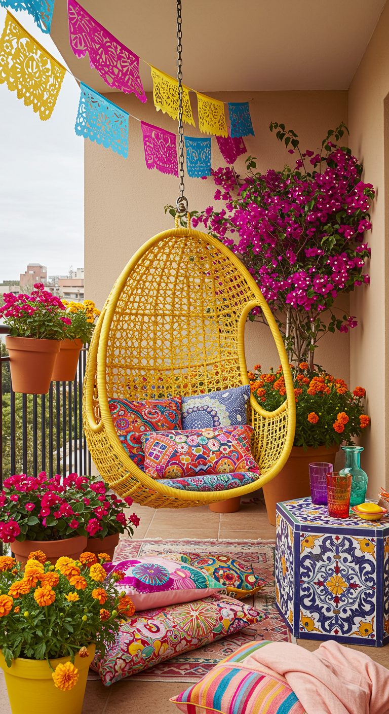 Gele hangstoel op balkon met kleurrijke bloemen, kussens en slingers.