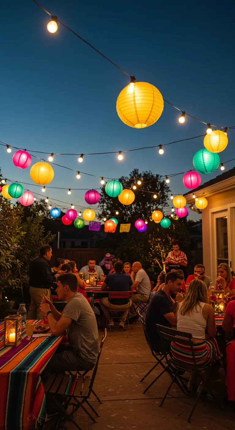 Tuinfeest met gekleurde lampionnen en lichtslingers boven eettafels.