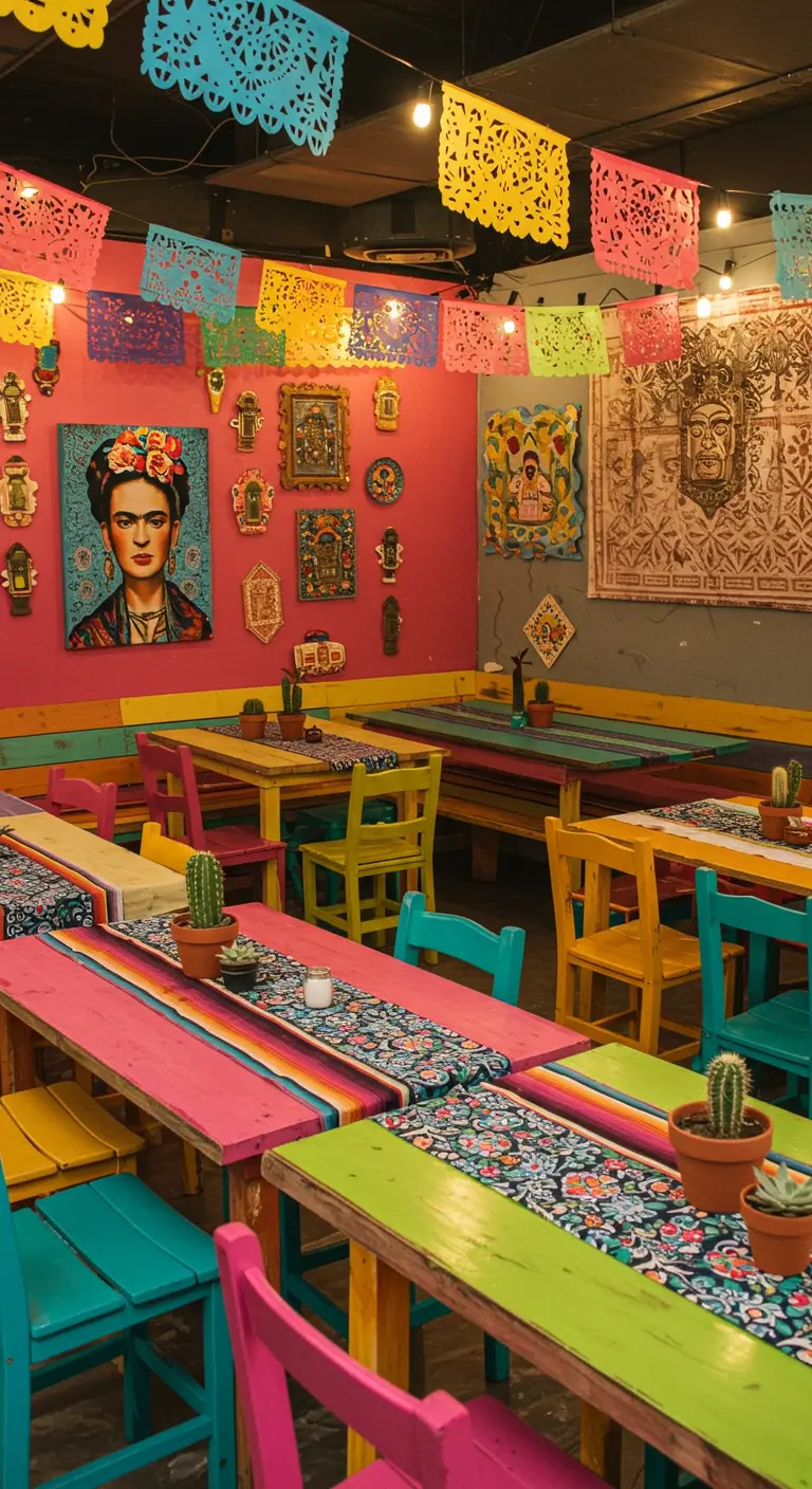 Levendige Mexicaanse fiesta eetkamer met kleurrijke decoraties en cactussen.