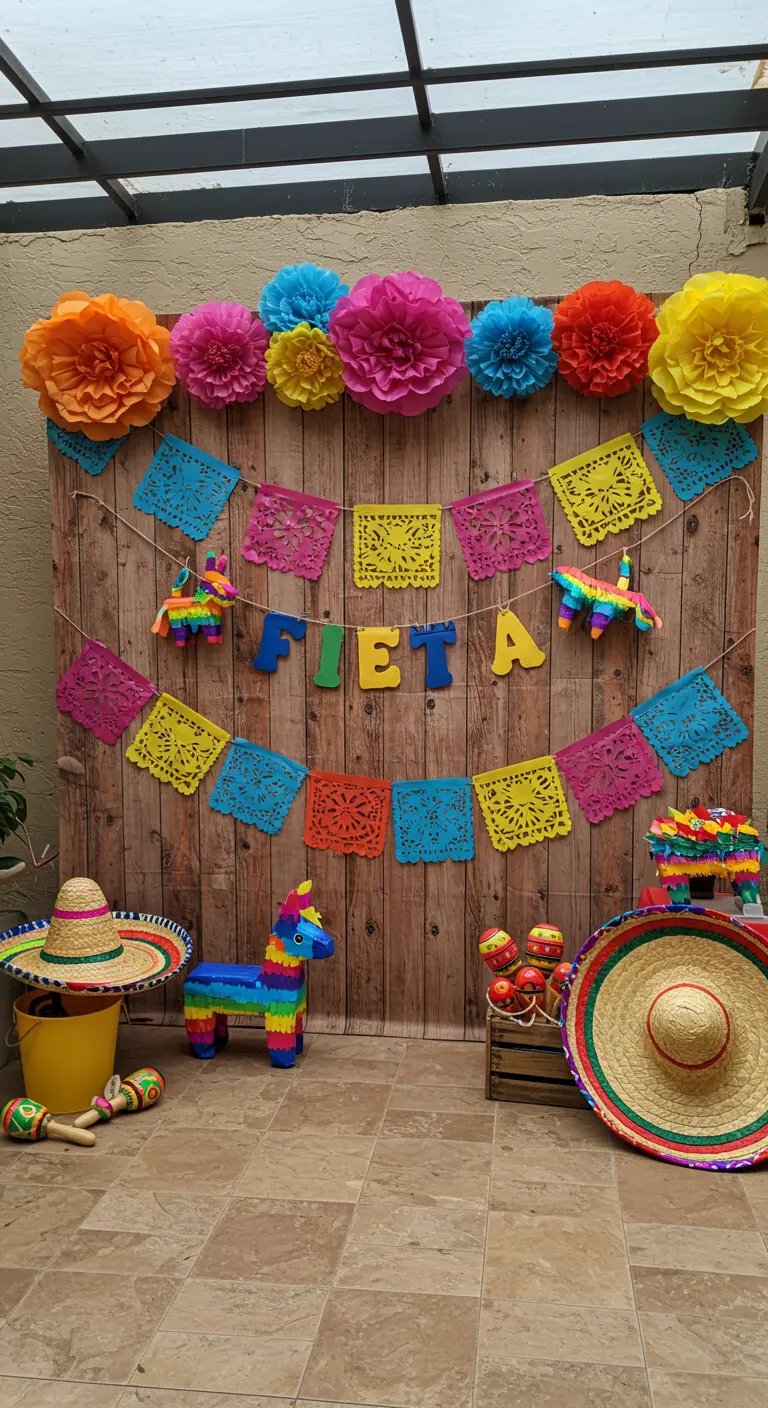 Mexicaans Fiesta thema backdrop met houten achtergrond, papel picado, piñata's en sombrero's.