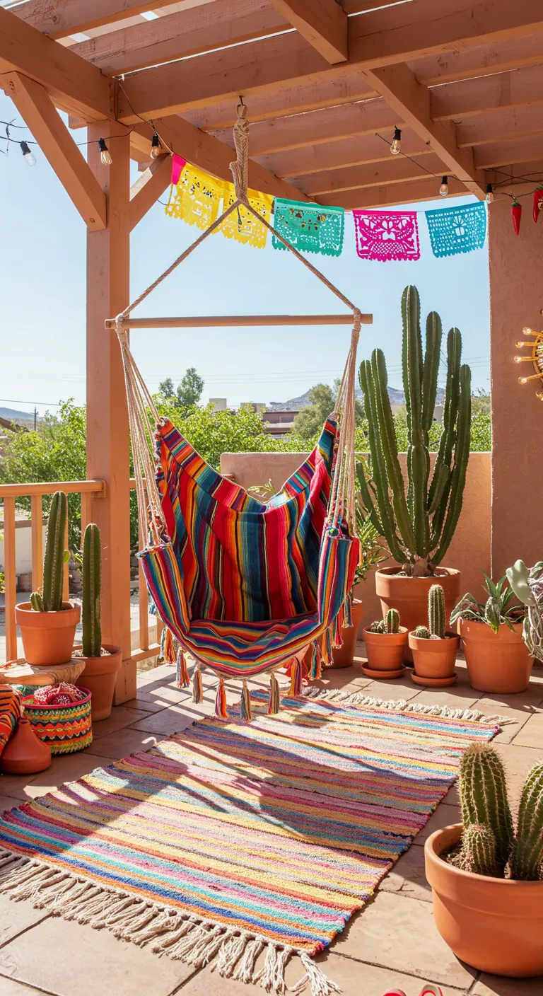 Felgekleurde Mexicaanse hangmatstoel op een patio met een gestreept kleed en cactussen.