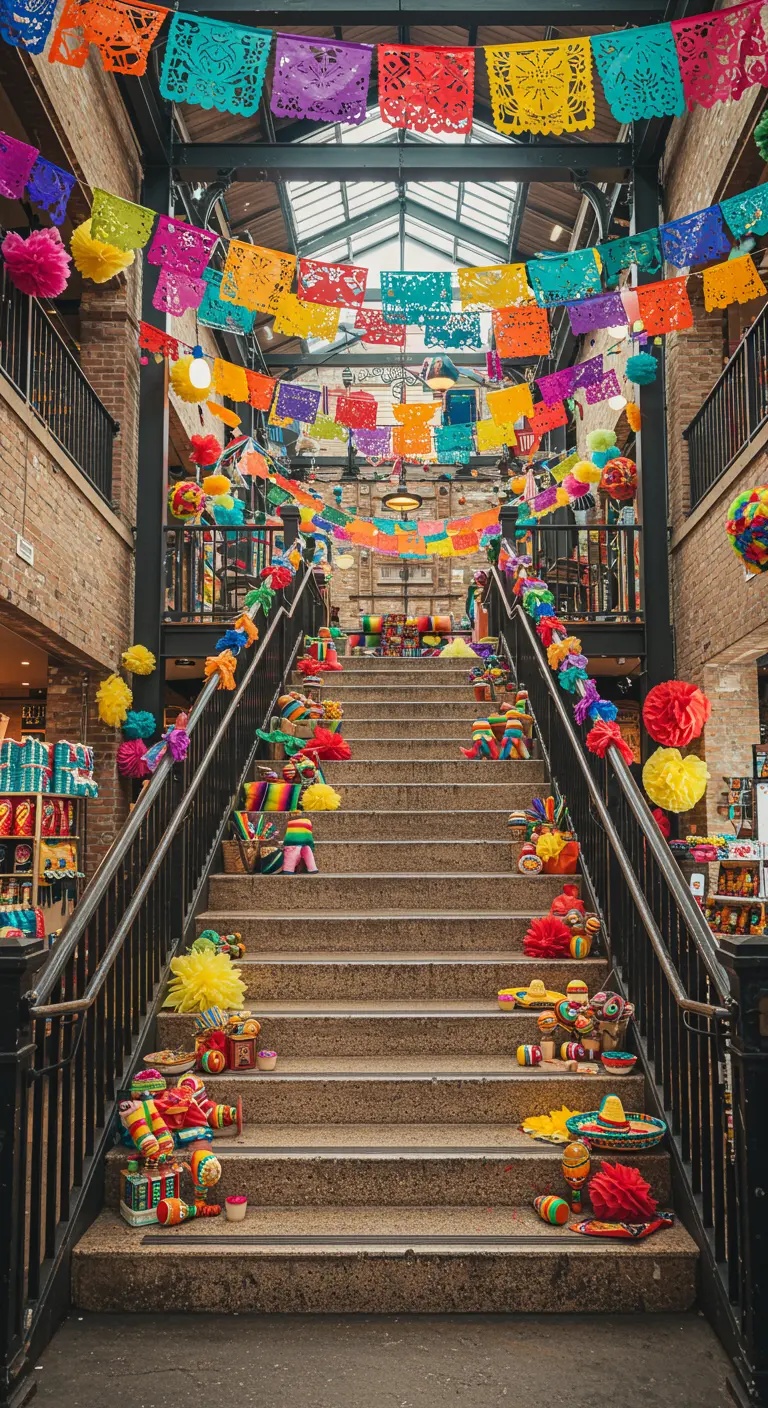 Trap met kleurrijke Mexicaanse papel picado slingers, pompons en traditionele beeldjes.