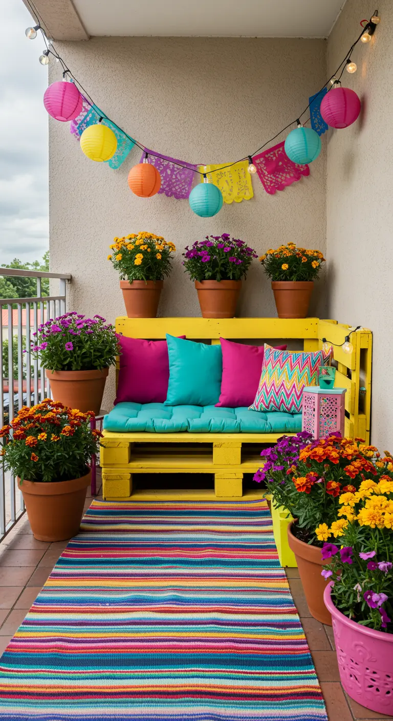 Vrolijk geel balkon met palletbank, felle kussens, Mexicaanse slingers en kleurrijke bloempotten.