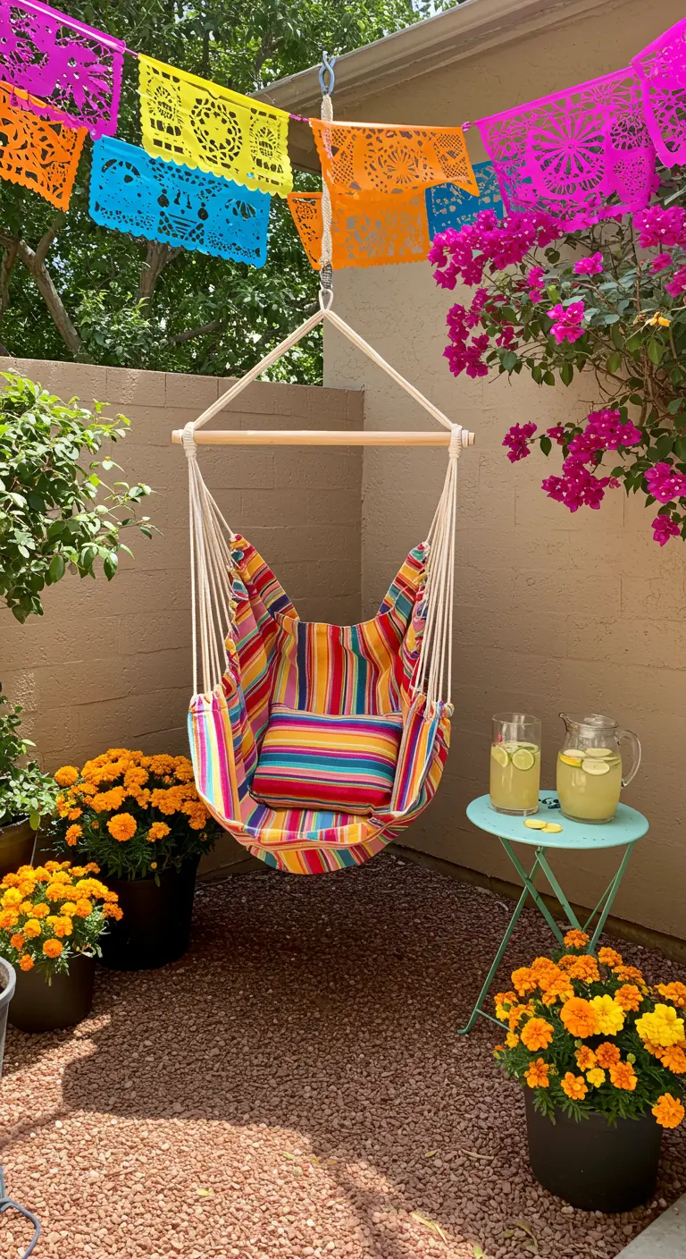 Kleurrijke gestreepte hangmat-stoel met Mexicaanse slingers, bloemen en een tafeltje met limonade.