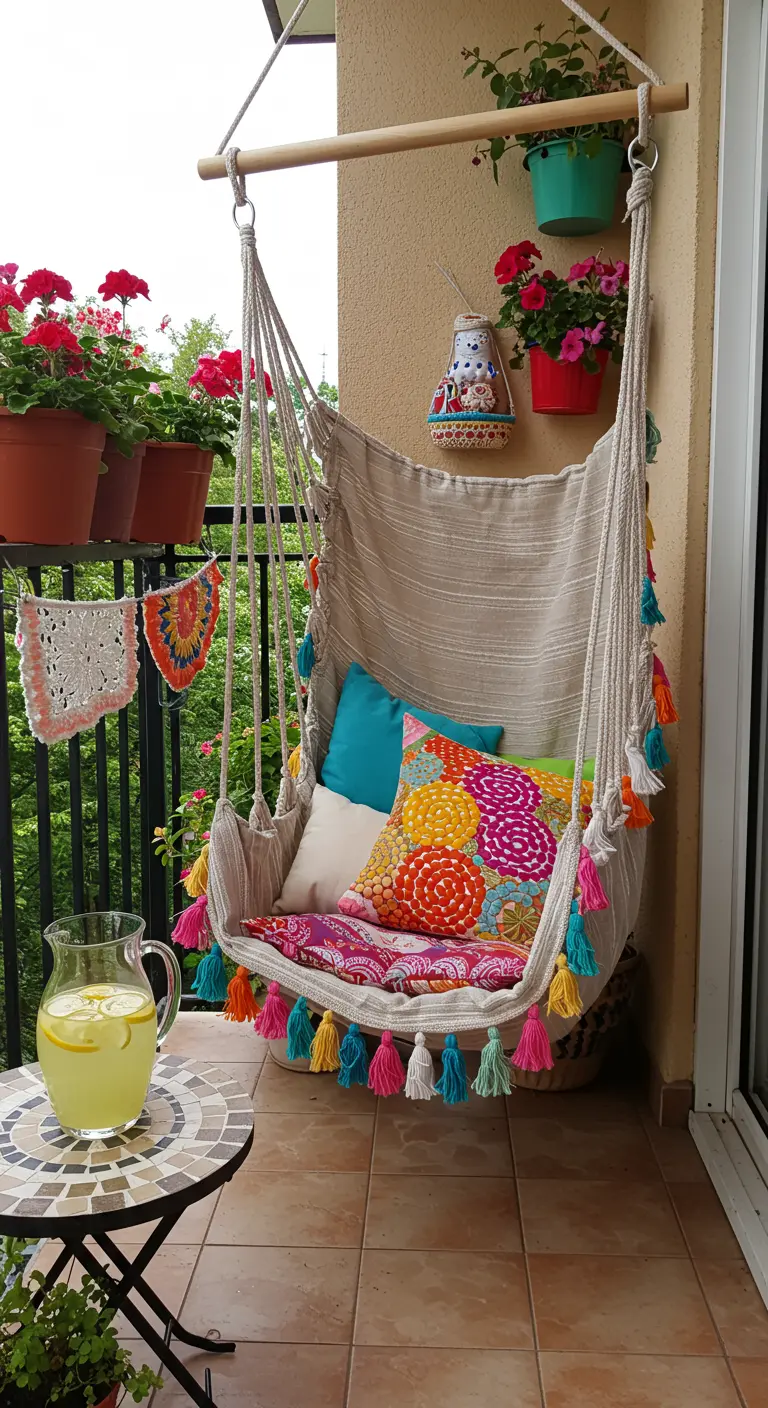 Macramé hangstoel met kleurrijke kwastjes, bloemenkussens en geraniums.