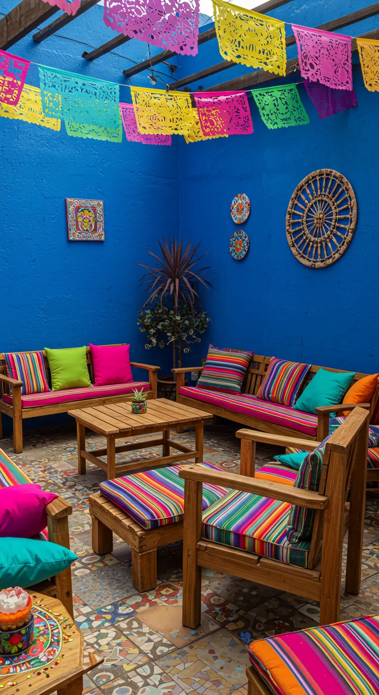 Patio met felblauwe muren en houten meubels met kleurrijk gestreepte kussens.