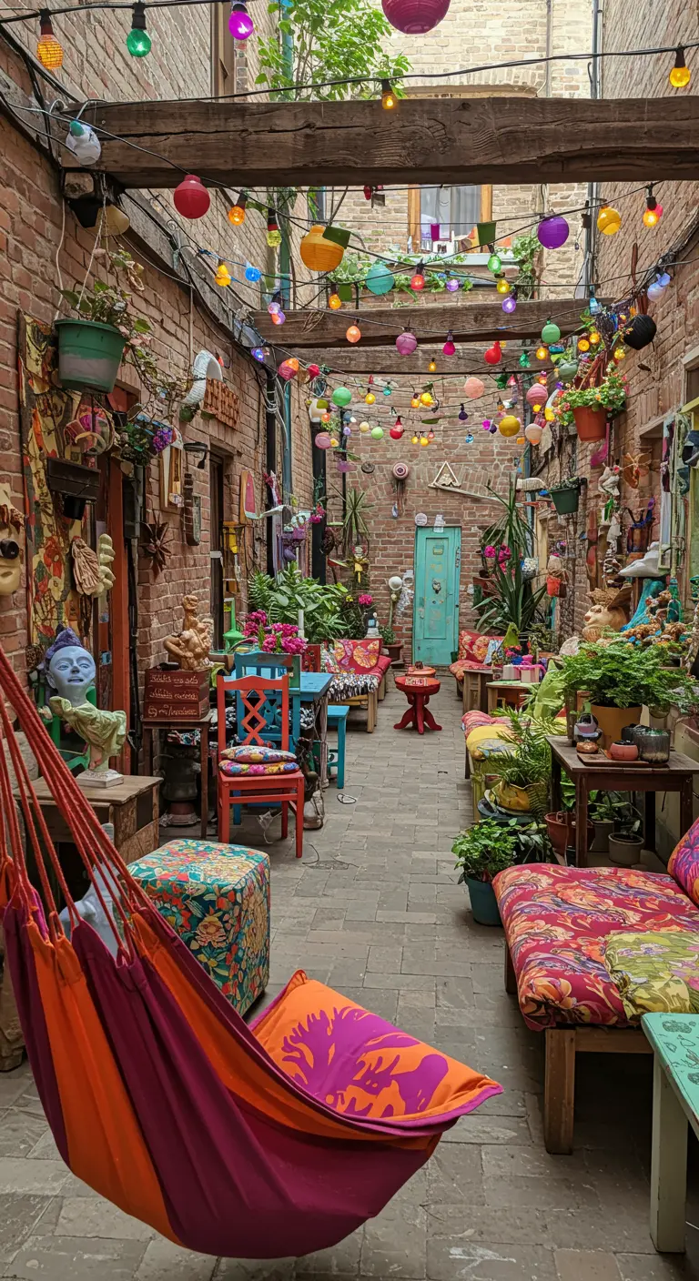 Kleurrijke eclectische patio met een hangmat vol patronen, bonte kussens, planten en lampionnen.