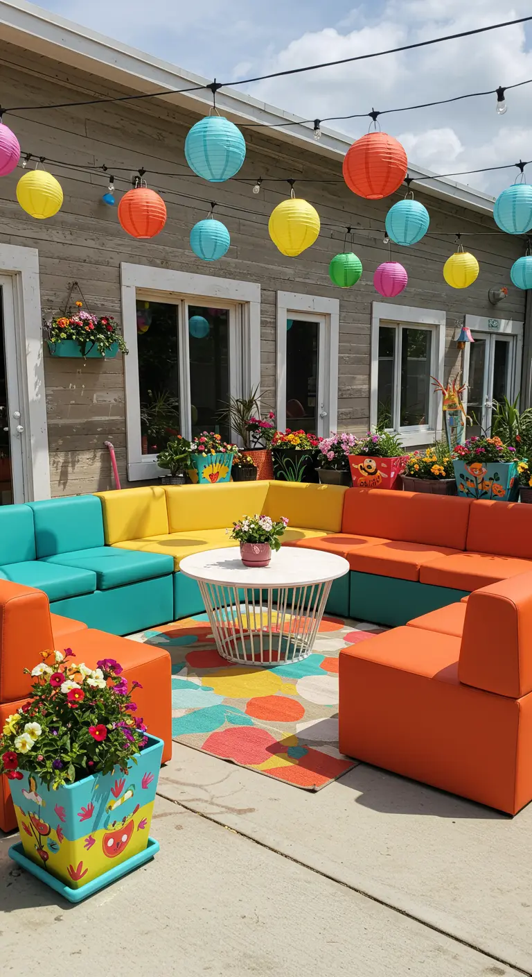 Kleurrijke modulaire loungebank in blauw, geel en oranje met ronde tafel en vrolijke lampionnen.