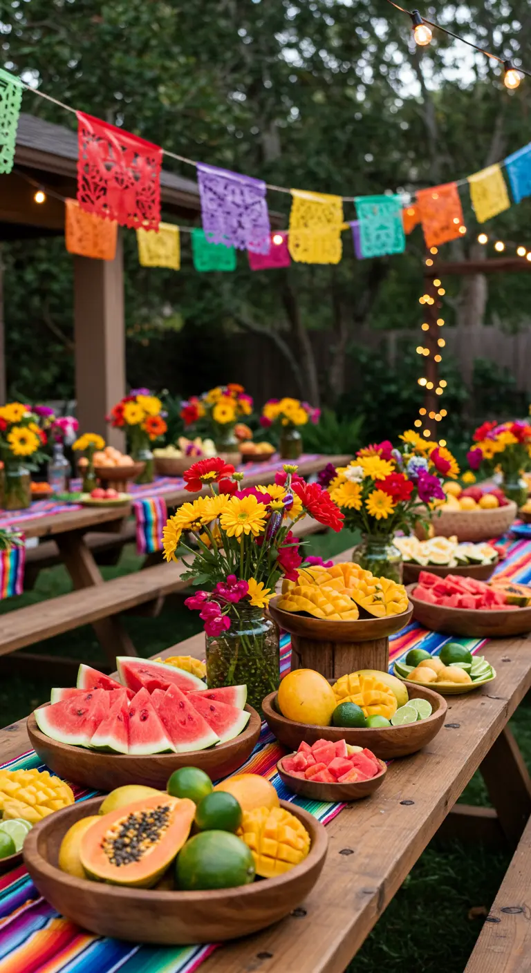 Buitentafel met kleurrijke Mexicaanse lopers, houten schalen met gesneden fruit en bloemboeketten.