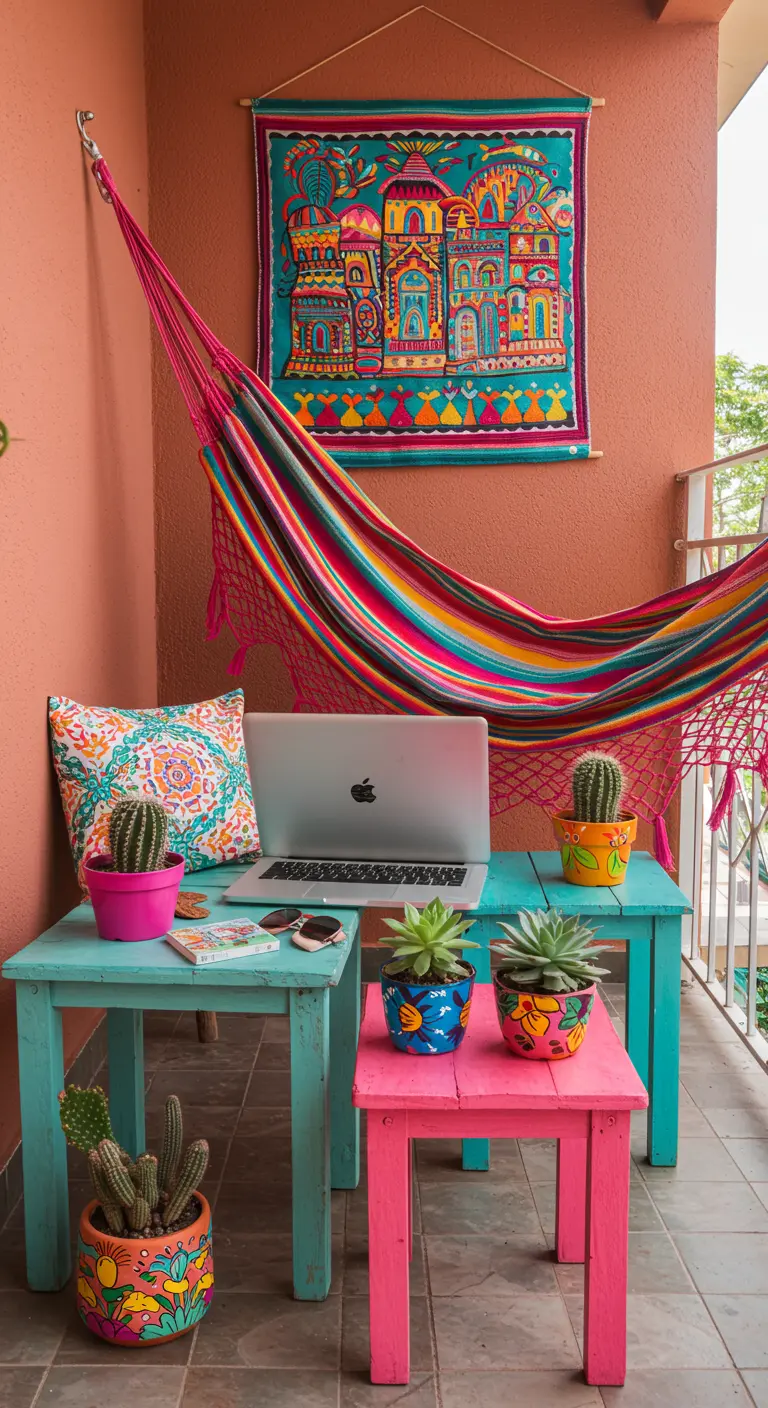 Kleurrijk Mexicaans balkon met hangmat, felgekleurde tafeltjes, cactussen en een wandkleed.
