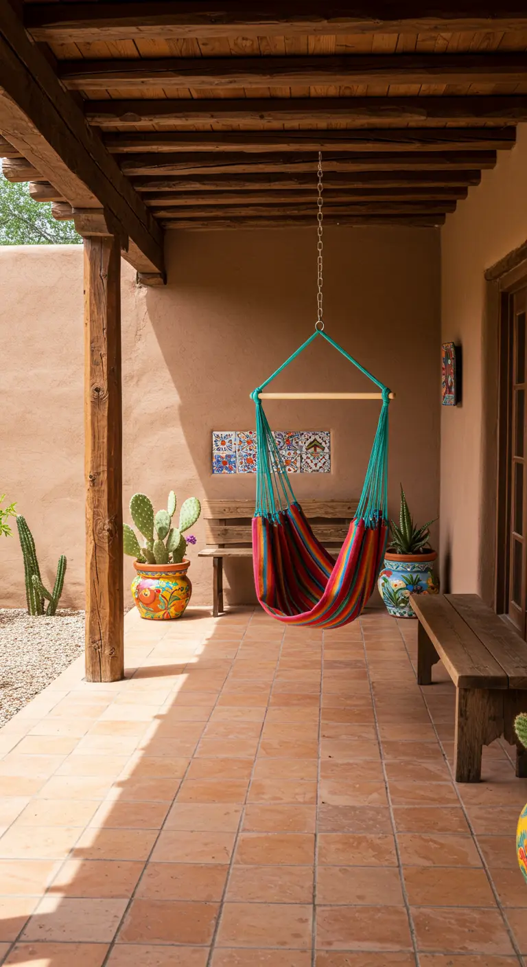 Kleurrijke gestreepte hangmat-schommelstoel op een veranda met Mexicaanse invloeden.