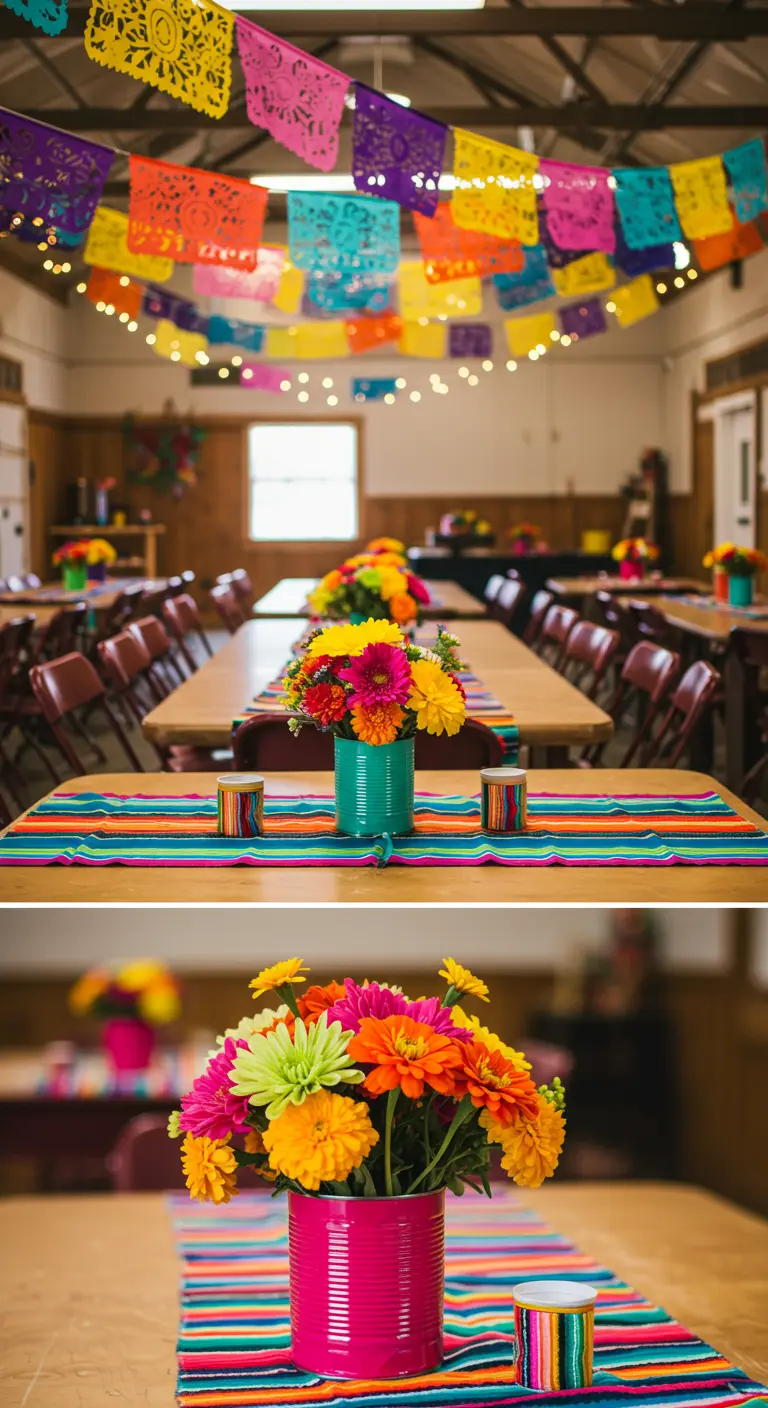 Bruiloftstafels met kleurrijke papel picado, bloemen in blikken en gestreepte lopers.
