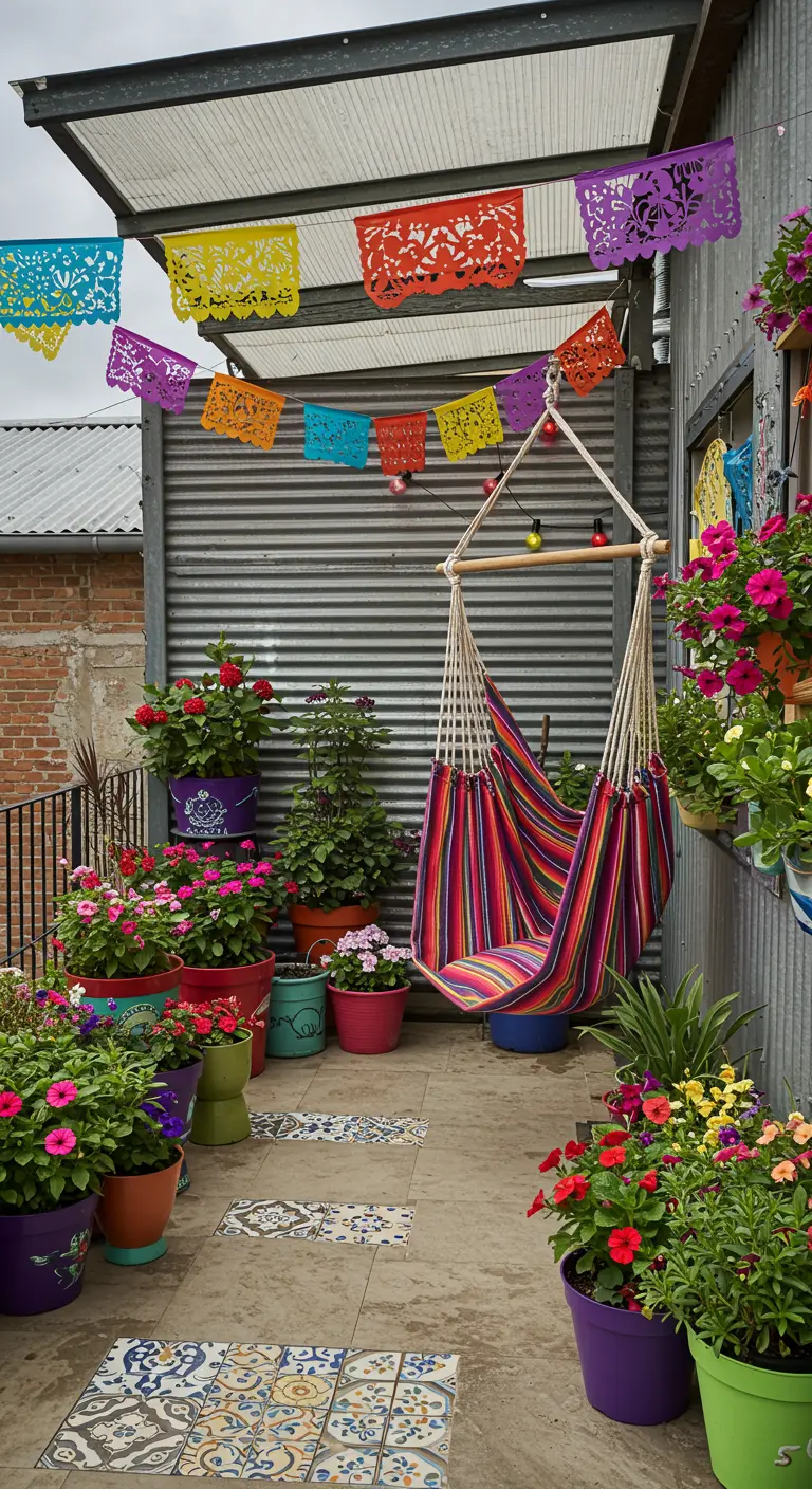 Gekleurde hangmat met Mexicaanse vlaggetjes en veel kleurrijke bloempotten.