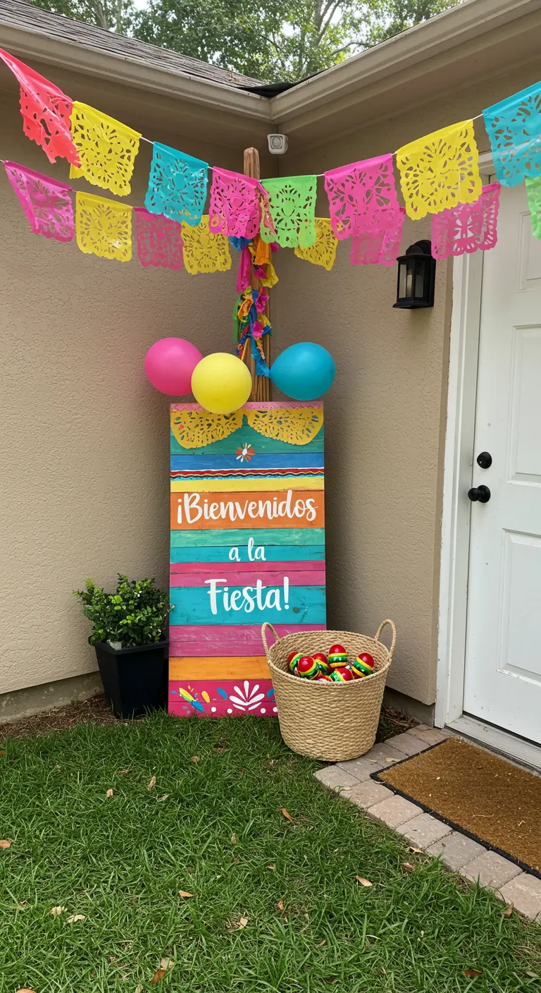 Kleurrijk welkomstbord 'Bienvenidos a la Fiesta' met ballonnen en papel picado.