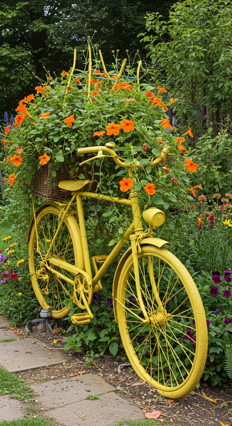Felgele vintage fiets met een mand vol oranje klimbloemen, gebruikt als tuindecoratie.