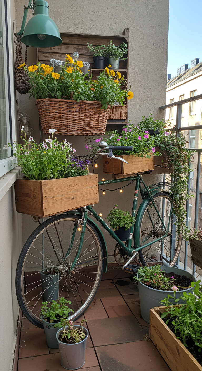 Oude groene fiets met houten kistjes en rieten manden vol bloemen als plantenstandaard.