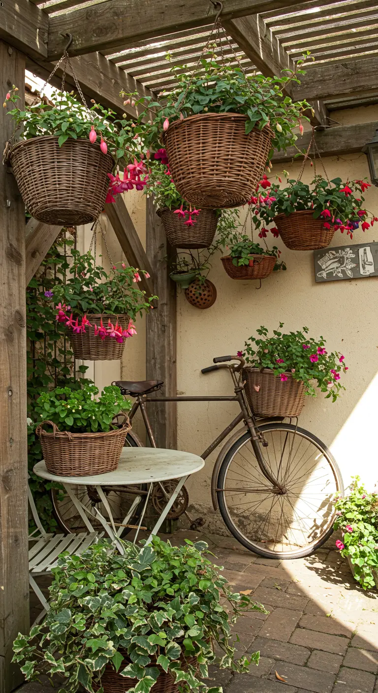 Oude fiets met rieten manden gevuld met bloeiende planten, staand onder een pergola.