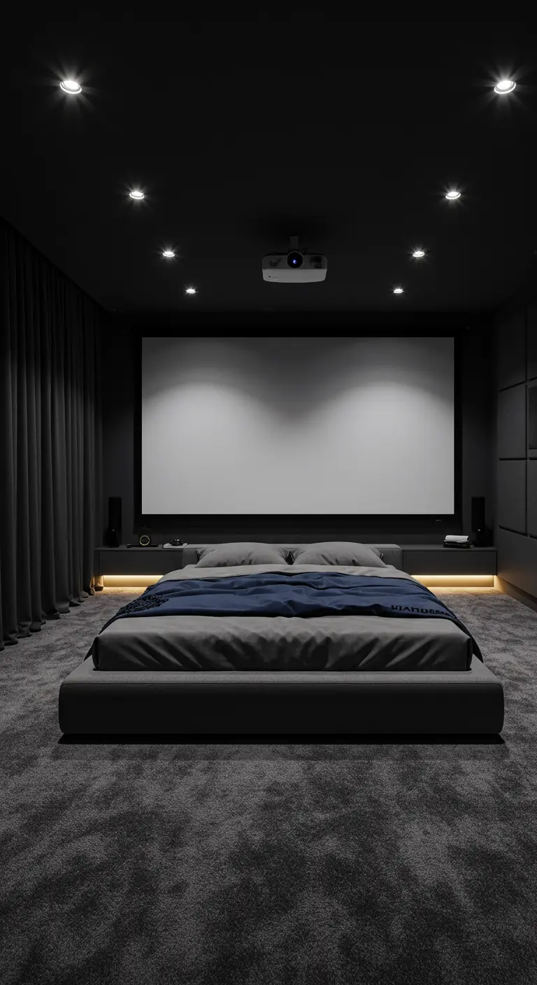 Donkere slaapkamer ingericht als thuisbioscoop met een bed gericht op een groot projectiescherm.