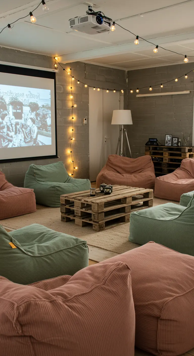 Thuisbioscoop met zitzakken in oudroze en mintgroen, pallet-tafel, projector, lichtslingers.
