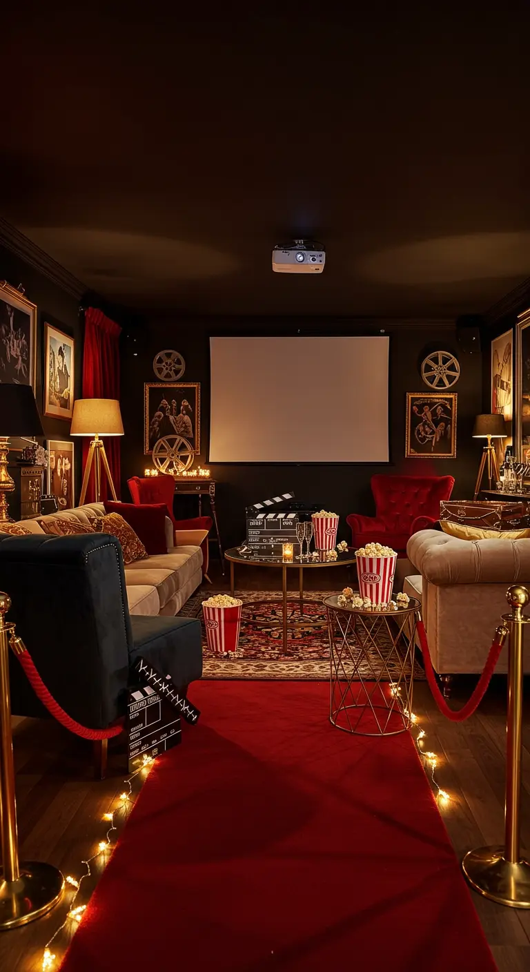 Woonkamer ingericht als thuisbioscoop met rode loper, projector en popcorn.
