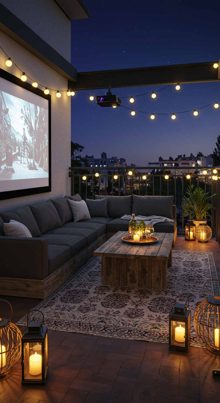 Balkon met loungebank, projectiescherm voor film, lichtsnoer en lantaarns 's avonds.
