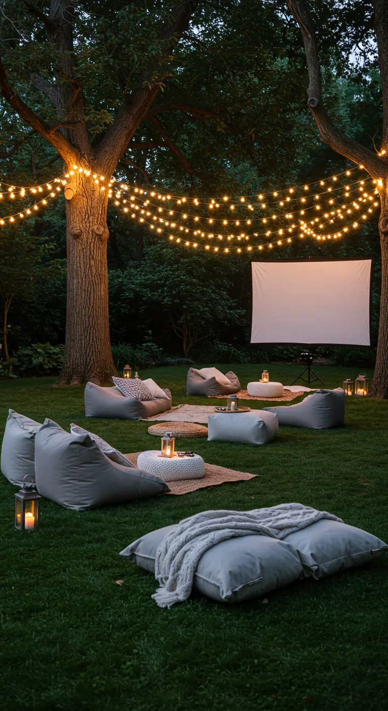 Buitenbioscoop setup 's avonds met lichtslingers tussen bomen, projectiescherm en zitzakken.
